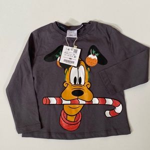 ZARA Disney Pluto Holiday Long Sleeve Gray Tee - Size 18-24 Months NWT